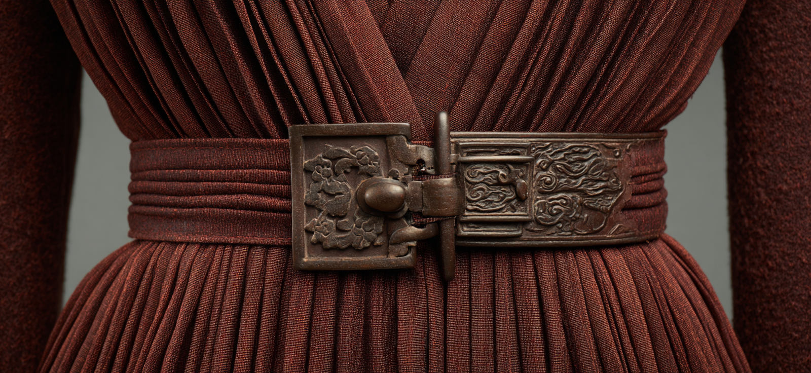 Reich Tiefrotes Gewäude Mit Gefaltenem Stoff Und Metallischer Schnalle | Bronze Anthrazit Terrakotta | Farbenwelten