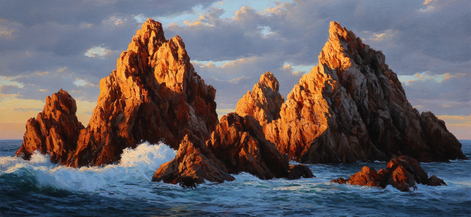 Rugged Rock Formations By The Sea Sunset | Bronze Anthrazit Terrakotta | Farbenwelten