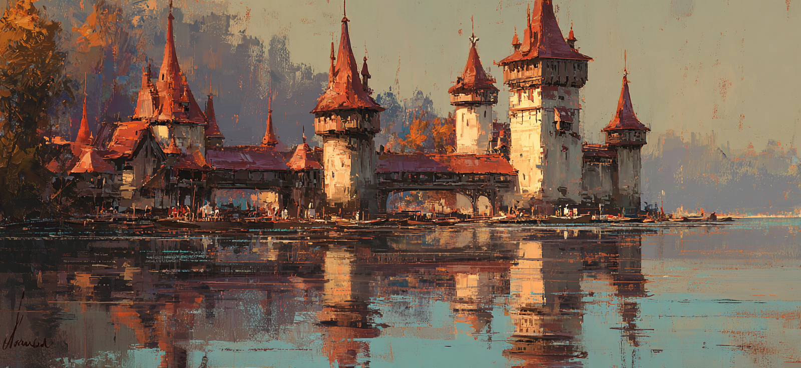 Schloss Am Wasser Bei Sonnenuntergang | Bronze Anthrazit Terrakotta | Farbenwelten