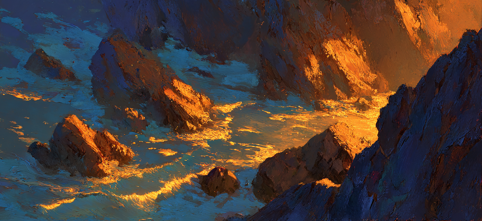 Vibrante Küstenlandschaft Mit Dynamischen Wellen Aufgehellt Durch Sonnenaufgang Oder Sonnenuntergang | Bronze Anthrazit Terrakotta | Farbenwelten