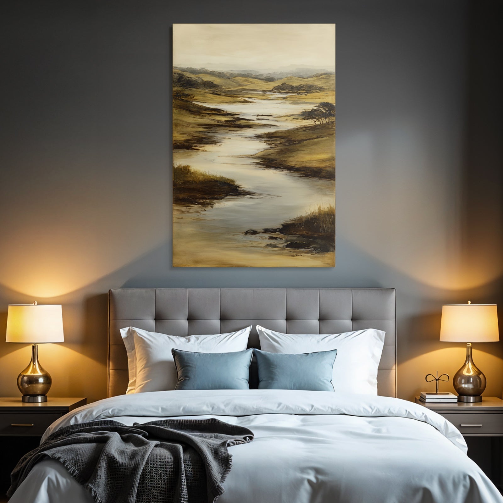 Ruhige Landlandschaft Mit Fluss Durch Hügel