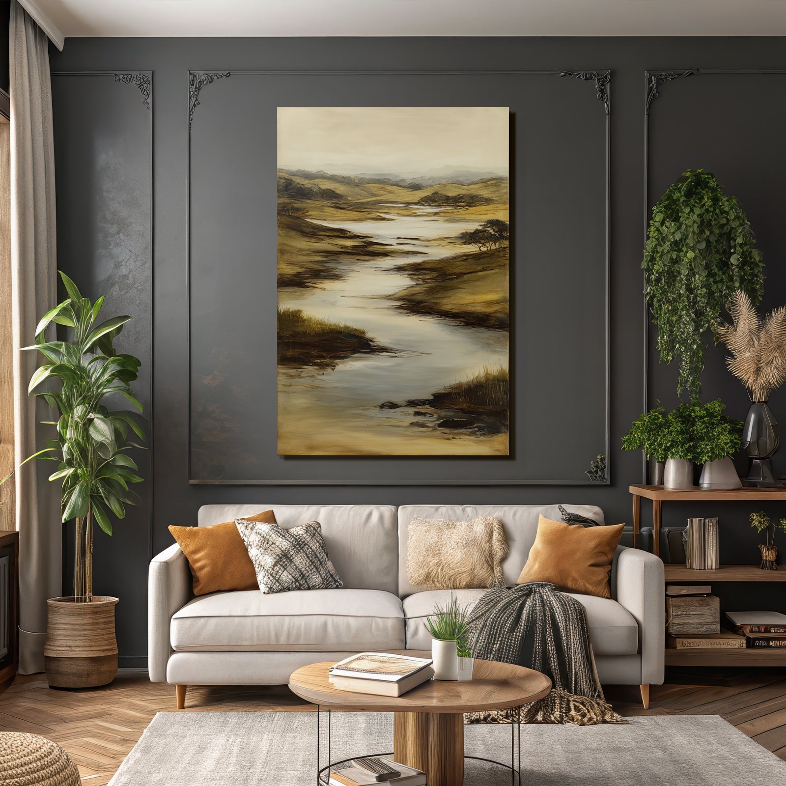 Ruhige Landlandschaft Mit Fluss Durch Hügel