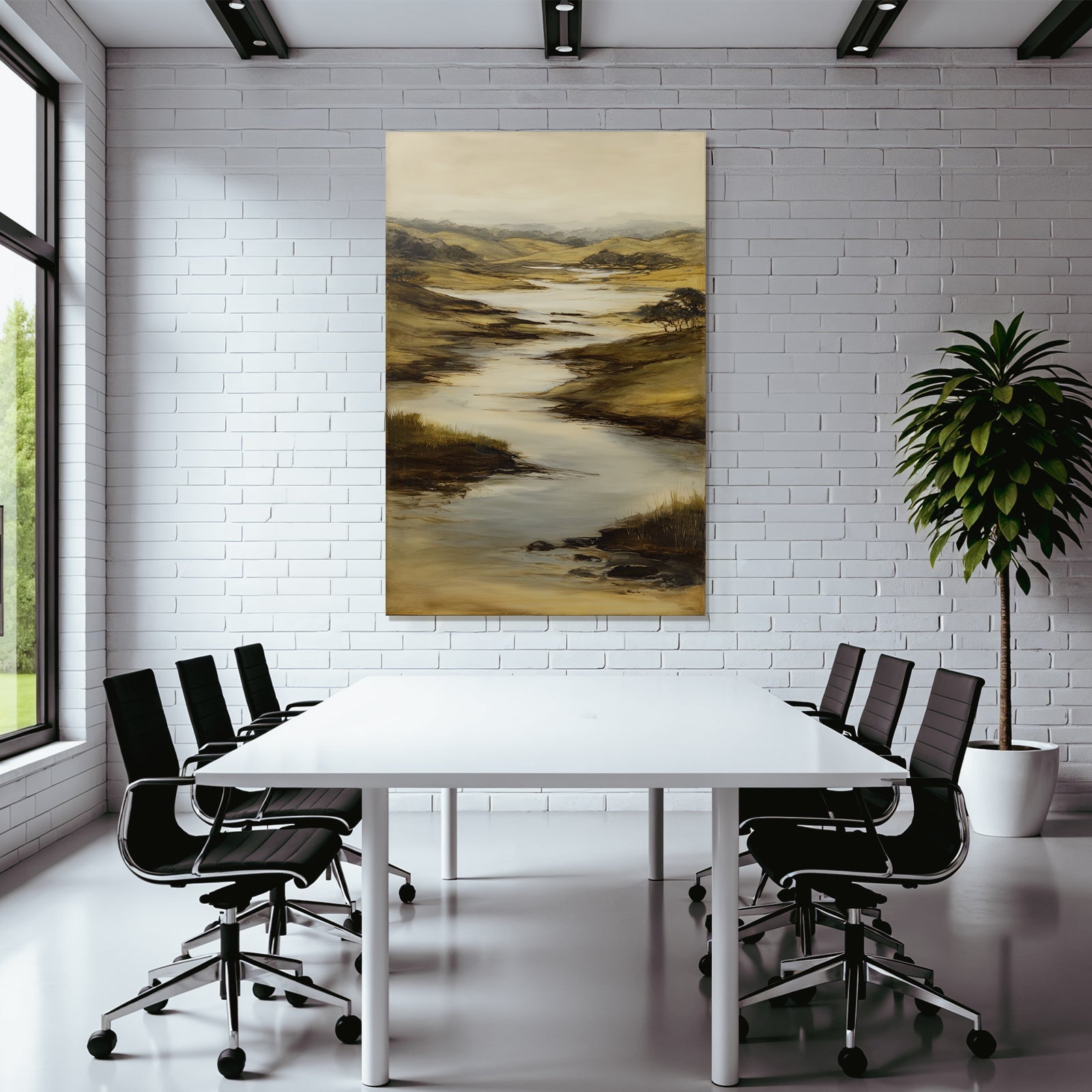 Ruhige Landlandschaft Mit Fluss Durch Hügel