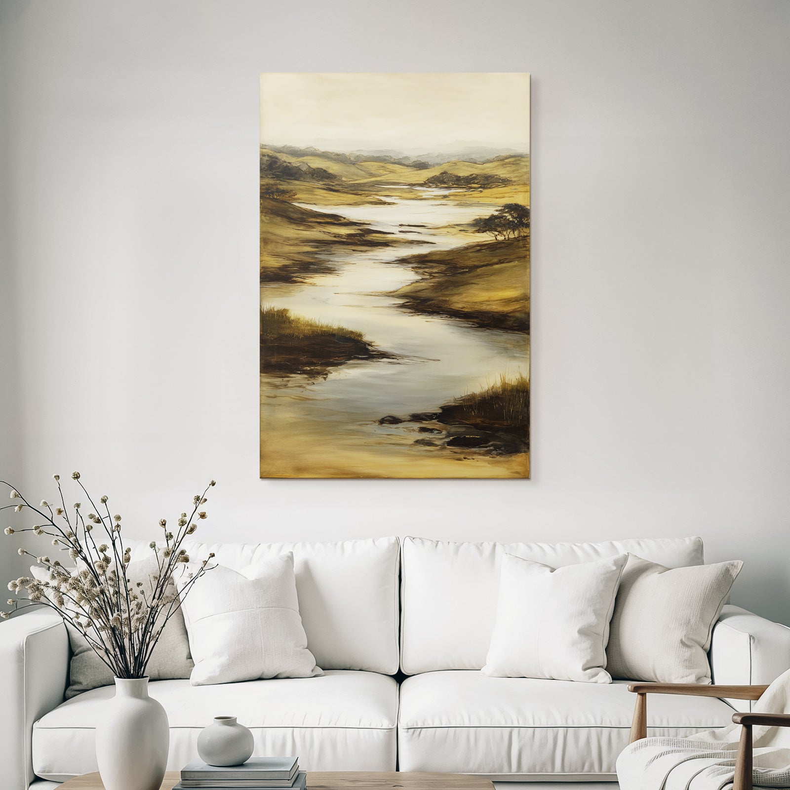 Ruhige Landlandschaft Mit Fluss Durch Hügel
