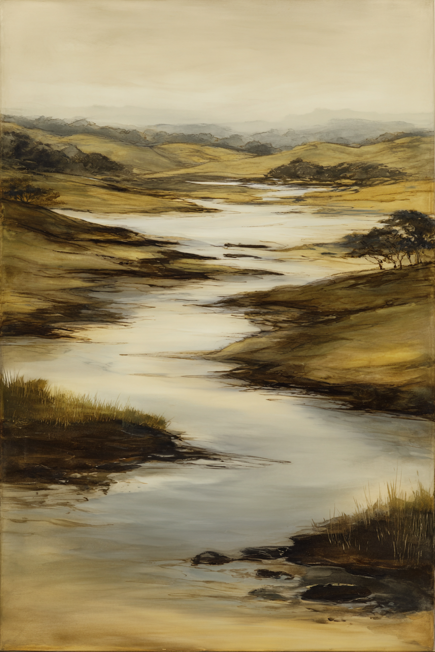 Ruhige Landlandschaft Mit Fluss Durch Hügel | Erdtoene und Taupe | Farbenwelten