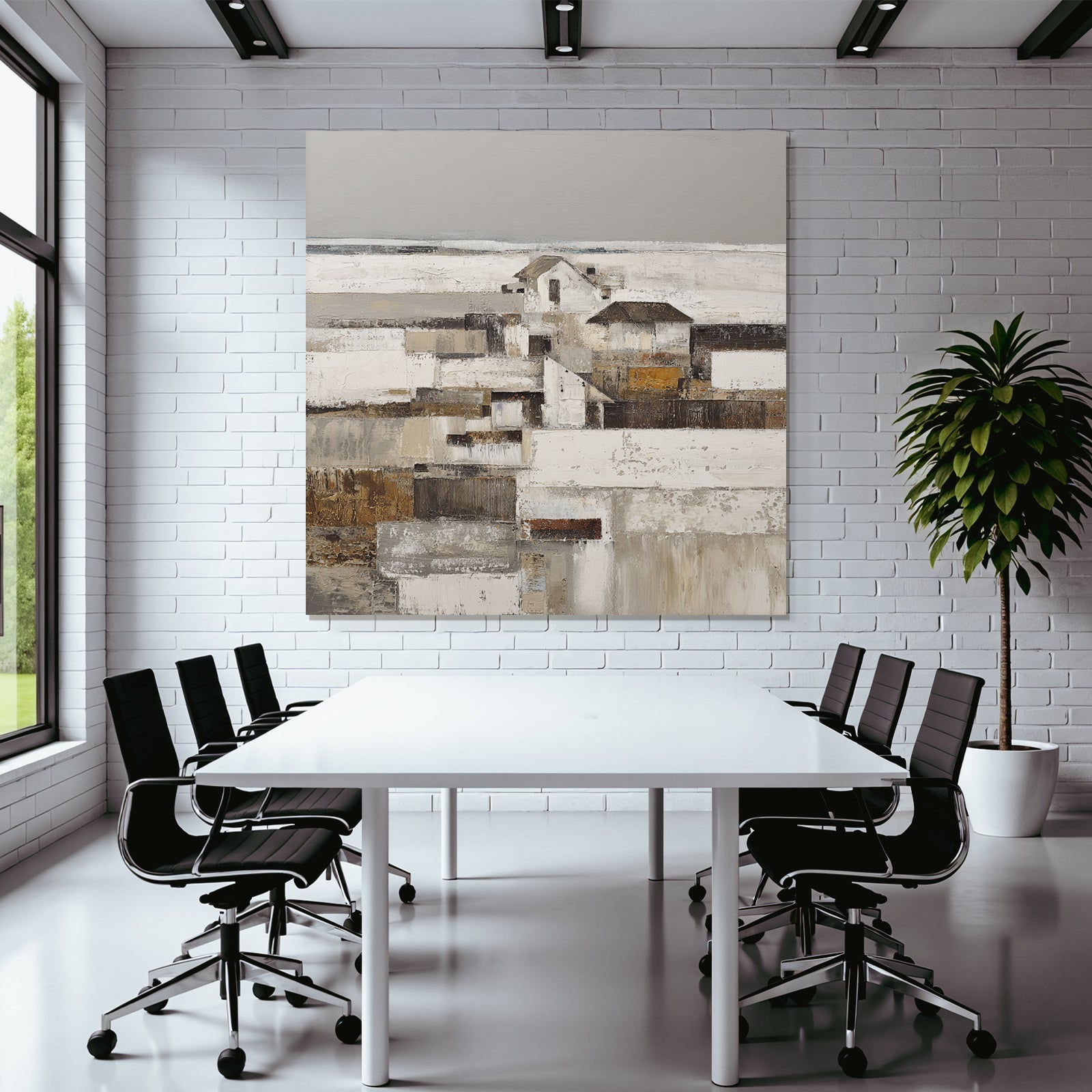Abstrakte Landschaft Mit Häusern In Weissen Grau Und Braun Tönen