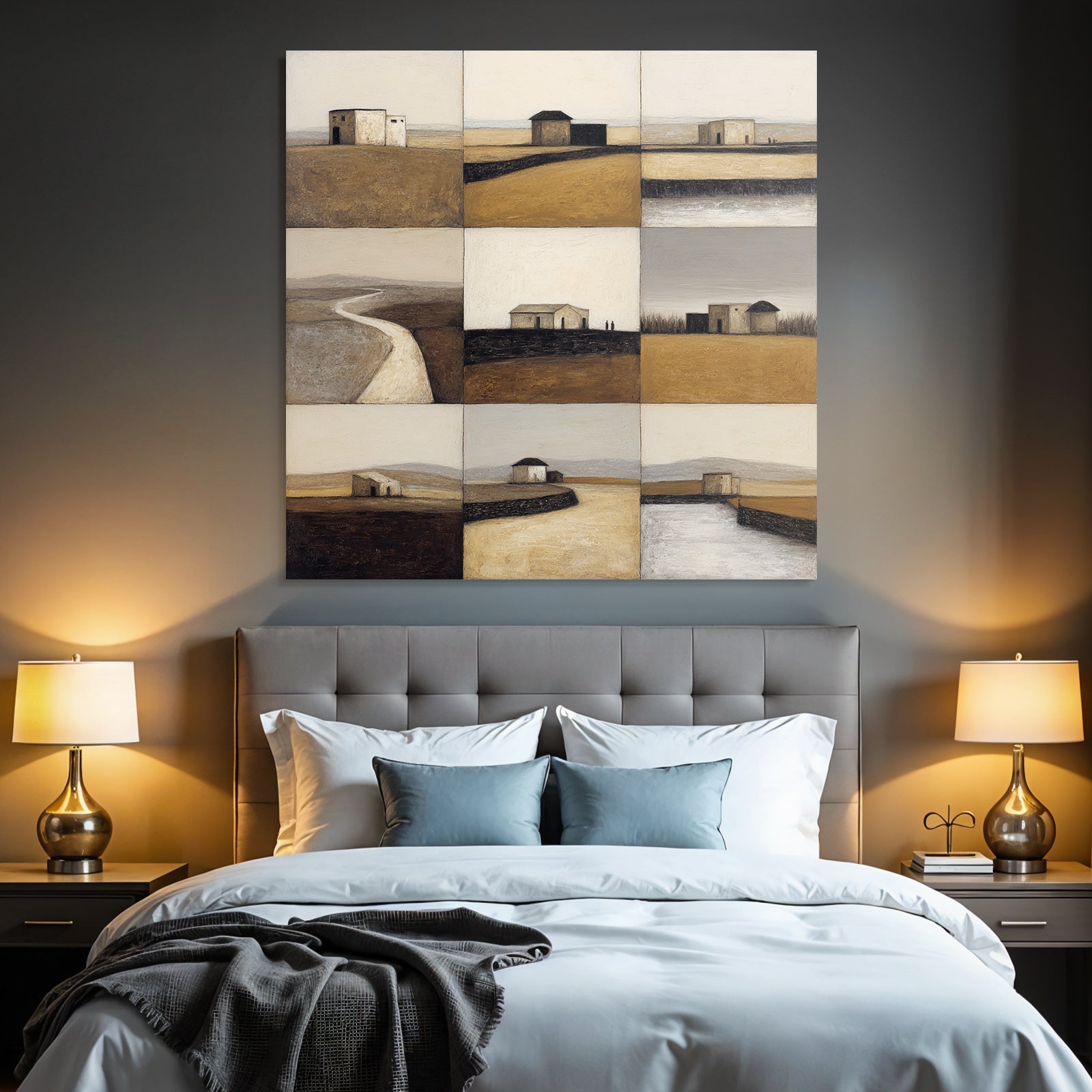 Abstrakte Landschaften Einsame Gebäude Minimalistische Farben 9 Panelle