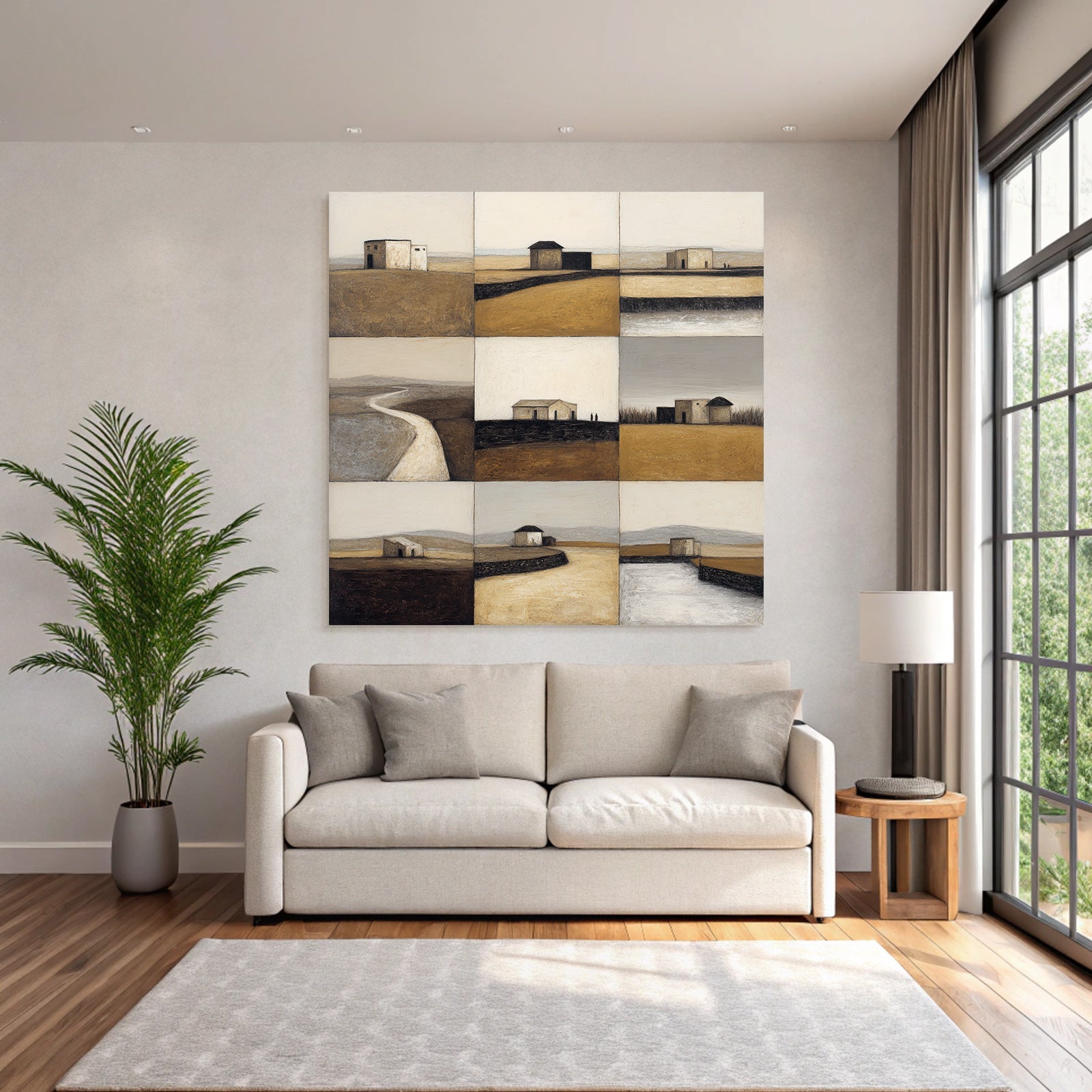 Abstrakte Landschaften Einsame Gebäude Minimalistische Farben 9 Panelle