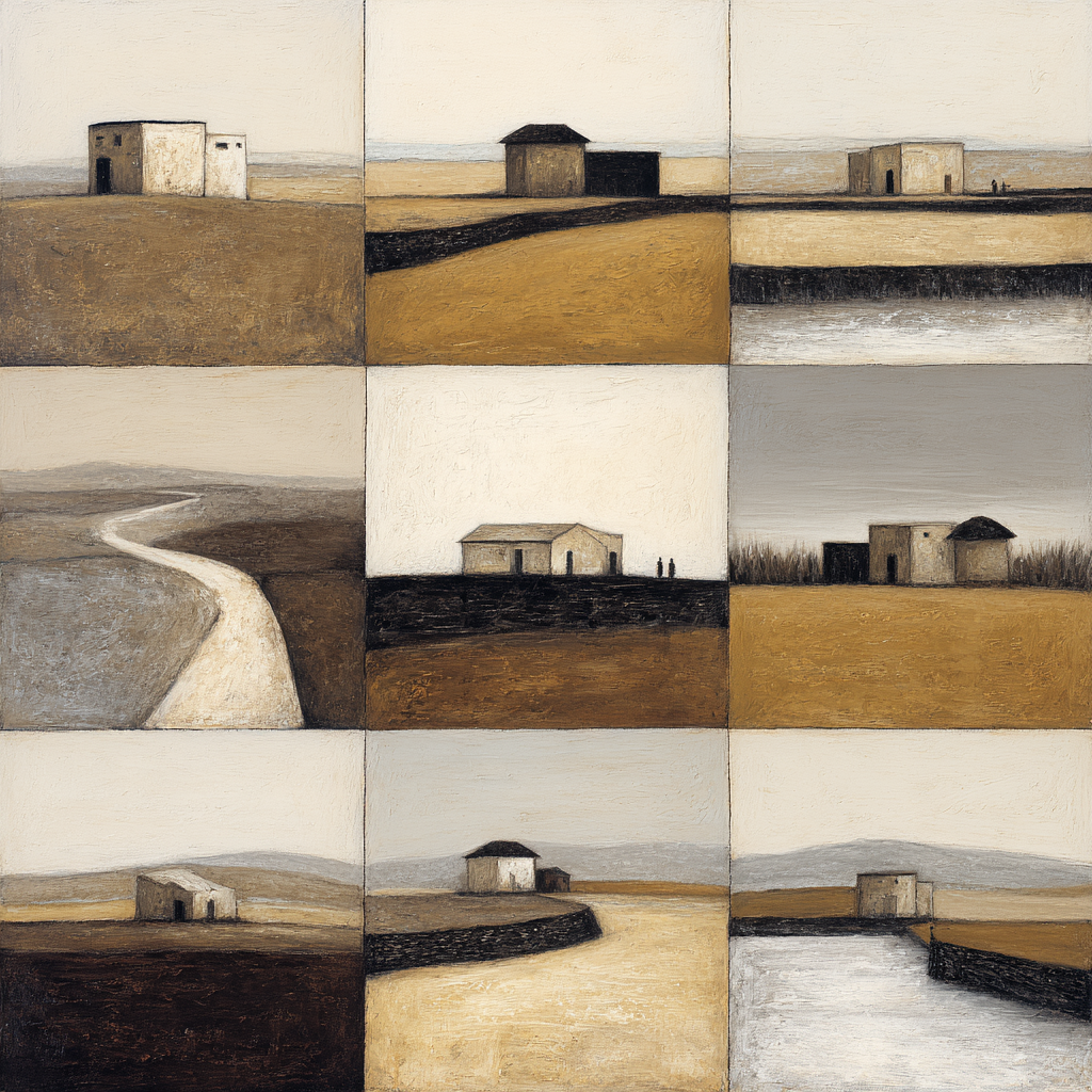 Abstrakte Landschaften Einsame Gebäude Minimalistische Farben 9 Panelle | Erdtoene und Taupe | Farbenwelten