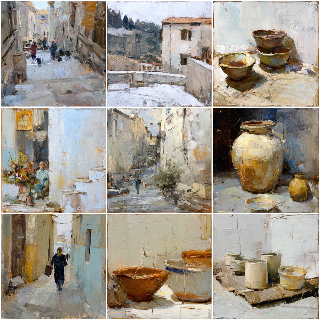 Collage Von Neun Gemälden Impressionistische Szene Des Alltags | Erdtoene und Taupe | Farbenwelten