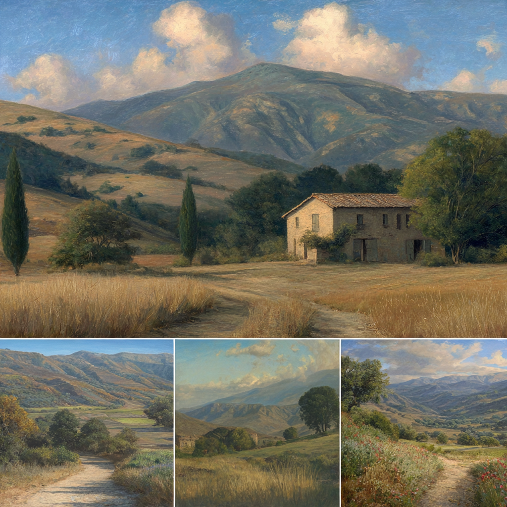 Rolly Hills Quaint House Pathway Traumhafte Landschaft Malerei | Erdtoene und Taupe | Farbenwelten
