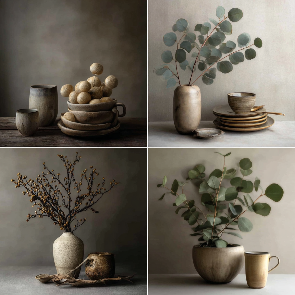 Stille Leben Vasen Pflanzen Geschirr Erde Töne Texture Form | Erdtoene und Taupe | Farbenwelten