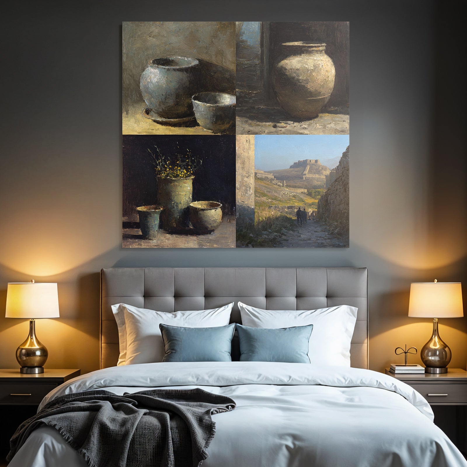Stillleben Mit Ton Töpfen Und Blumen Collage Realismus