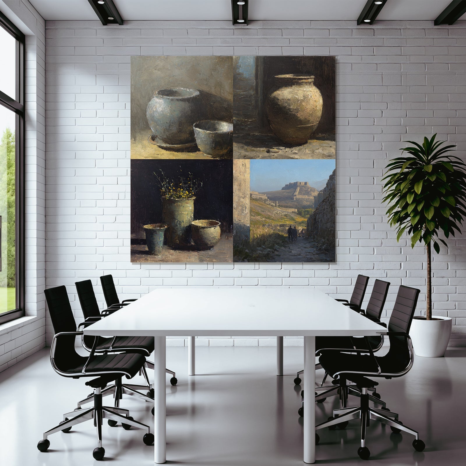Stillleben Mit Ton Töpfen Und Blumen Collage Realismus