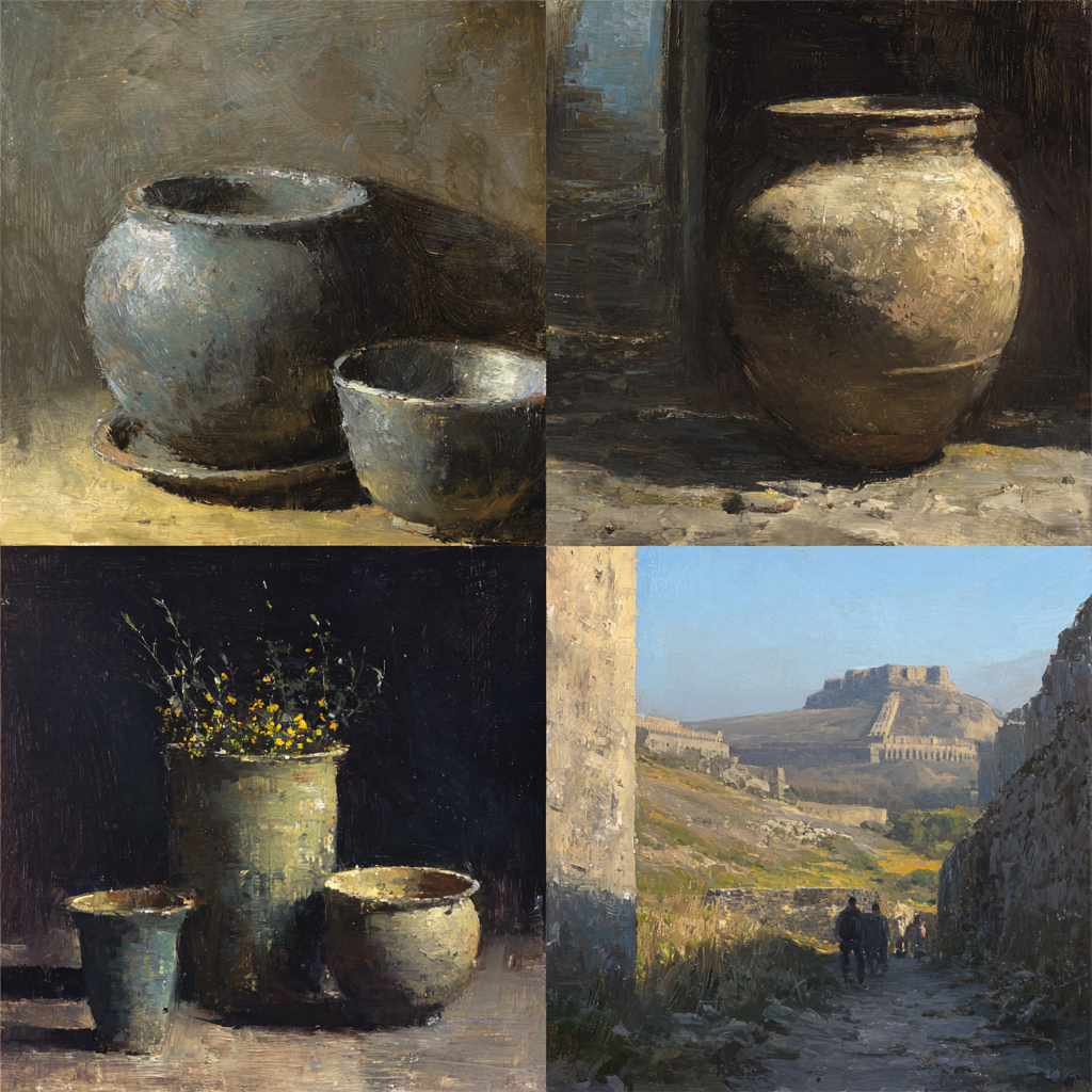 Stillleben Mit Ton Töpfen Und Blumen Collage Realismus | Erdtoene und Taupe | Farbenwelten
