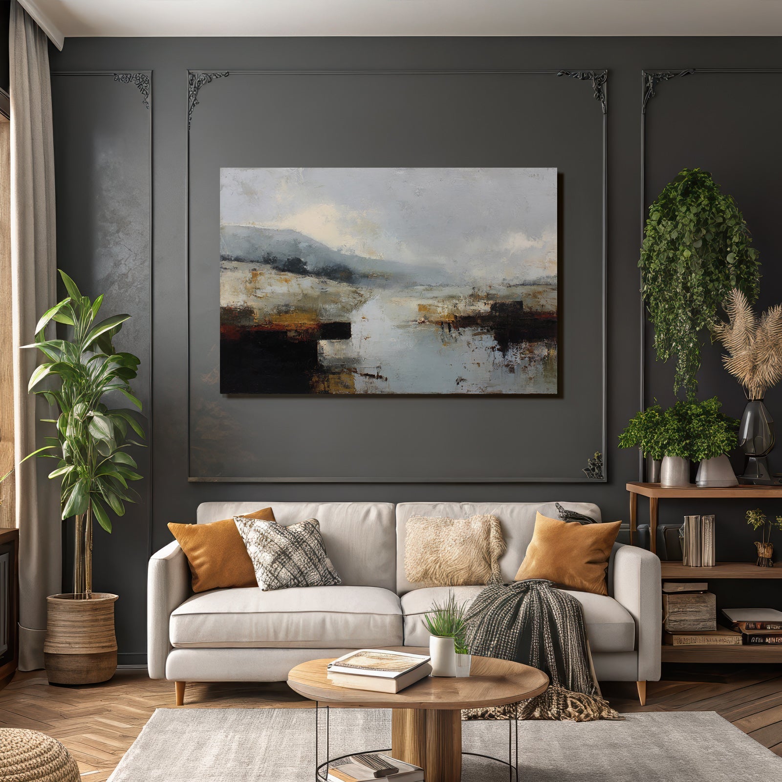 Abstrakte Landschaft Mit Muted Farben Hügel Und Wasser
