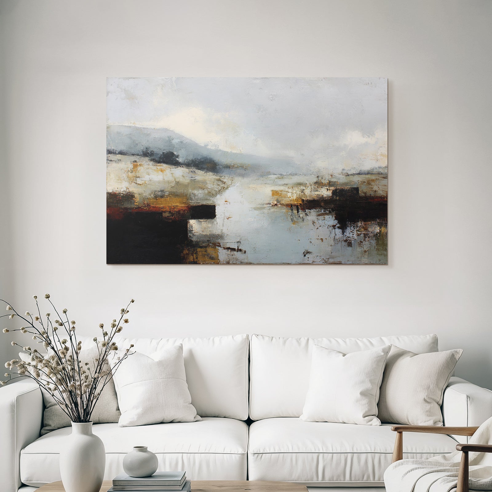 Abstrakte Landschaft Mit Muted Farben Hügel Und Wasser