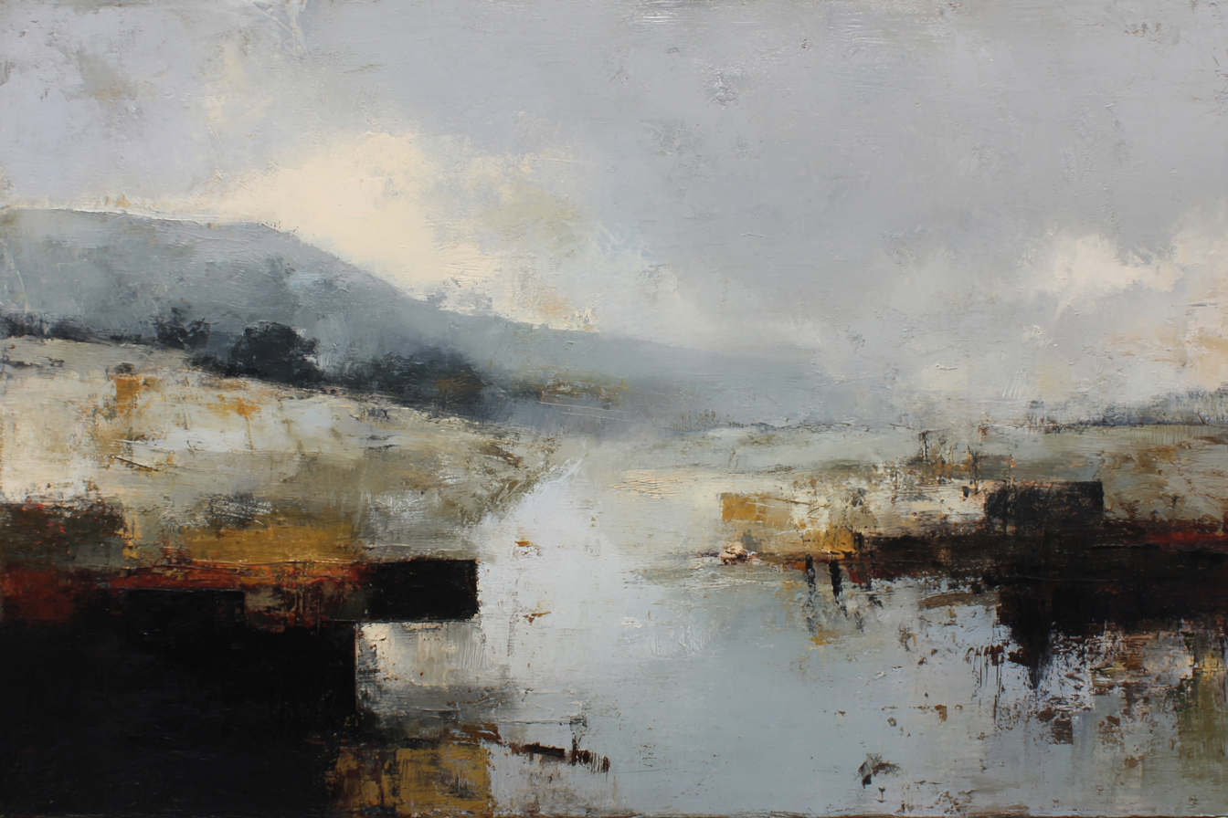 Abstrakte Landschaft Mit Muted Farben Hügel Und Wasser | Erdtoene und Taupe | Farbenwelten
