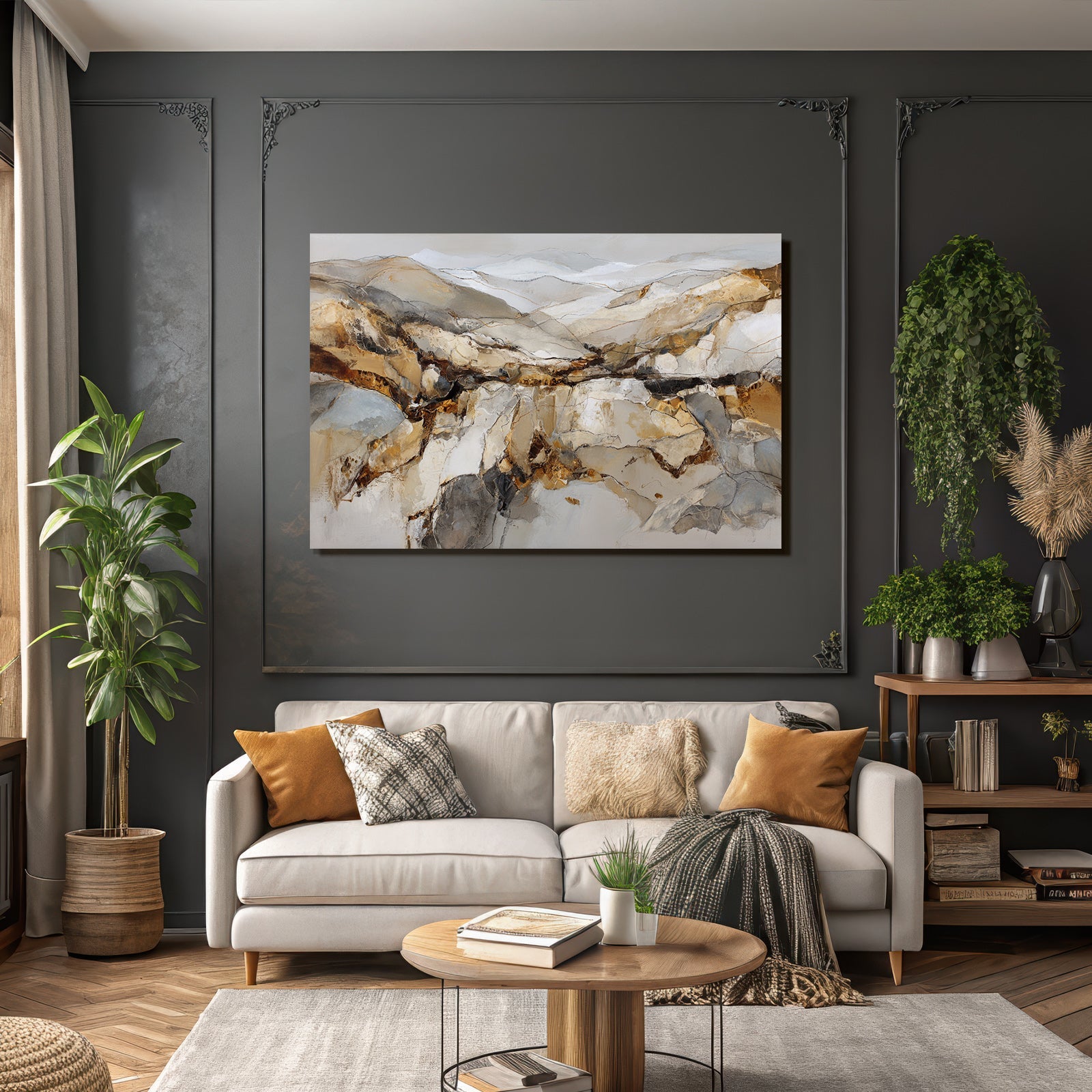 Abstraktes Gemälde Landlandschaft Erdtöne Beige Gold Grau