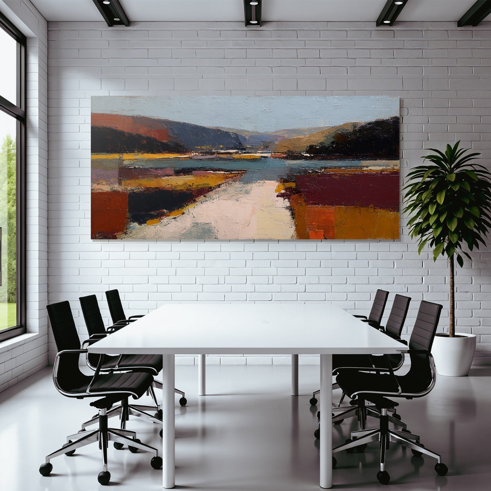 Abstraktes Landschaftsgemälde Mit Fluss Und Hügeln