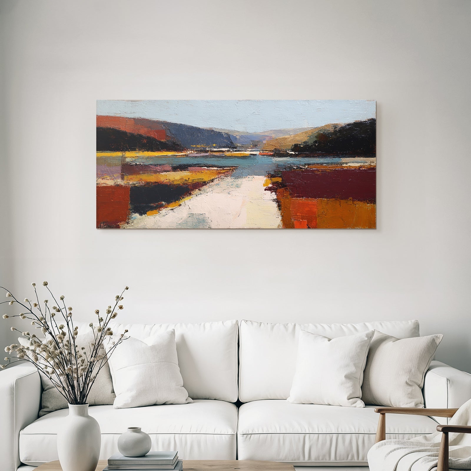 Abstraktes Landschaftsgemälde Mit Fluss Und Hügeln