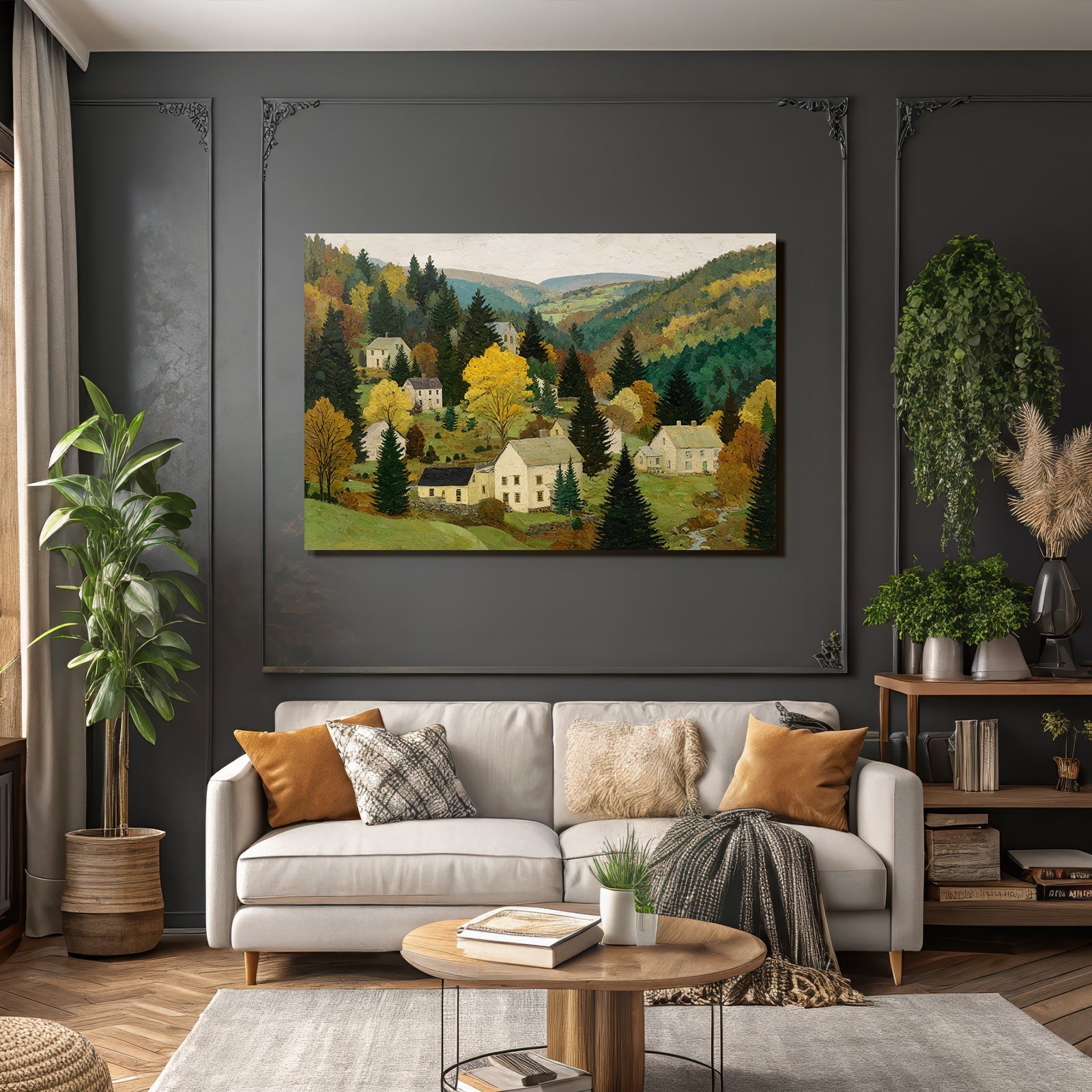 Herbstliche Landschaft Mit Häusern Und Bäumen Auf Hügeln
