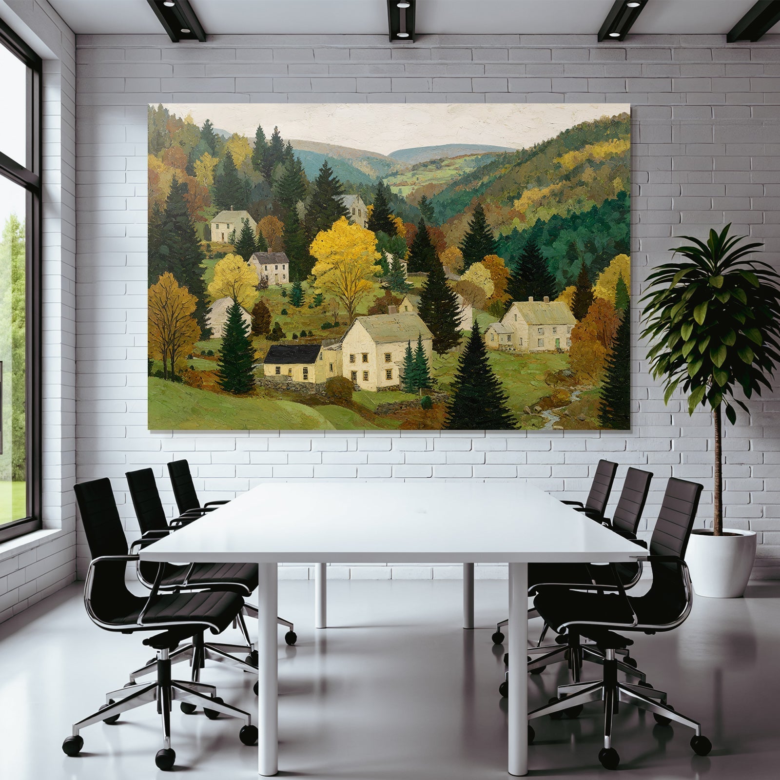 Herbstliche Landschaft Mit Häusern Und Bäumen Auf Hügeln