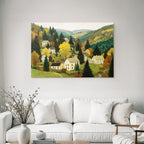 Herbstliche Landschaft Mit Häusern Und Bäumen Auf Hügeln