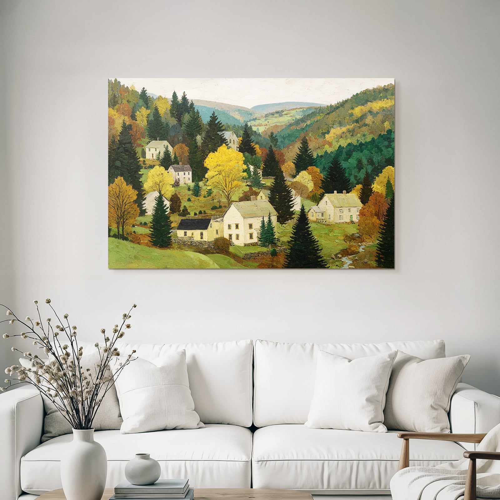 Herbstliche Landschaft Mit Häusern Und Bäumen Auf Hügeln