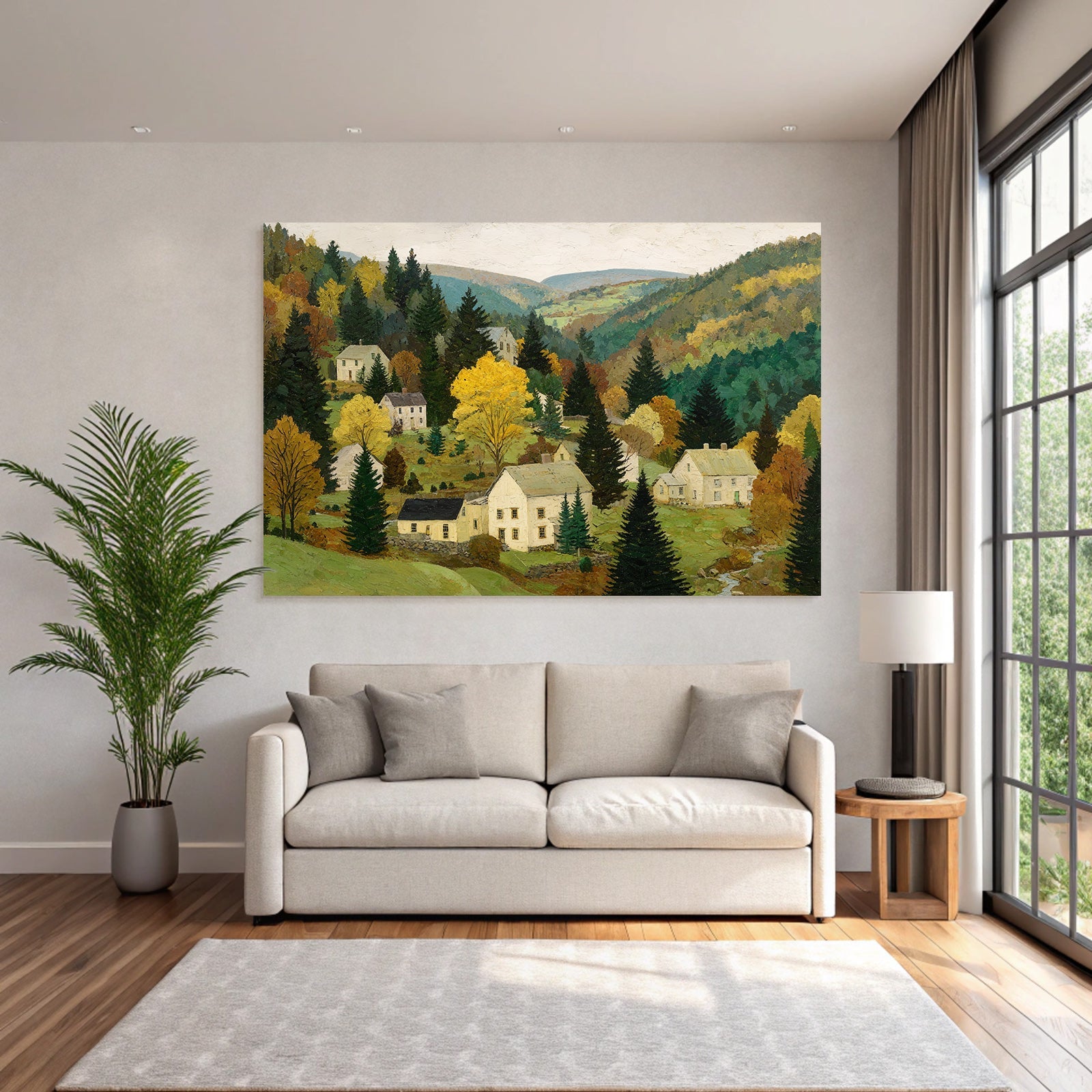 Herbstliche Landschaft Mit Häusern Und Bäumen Auf Hügeln