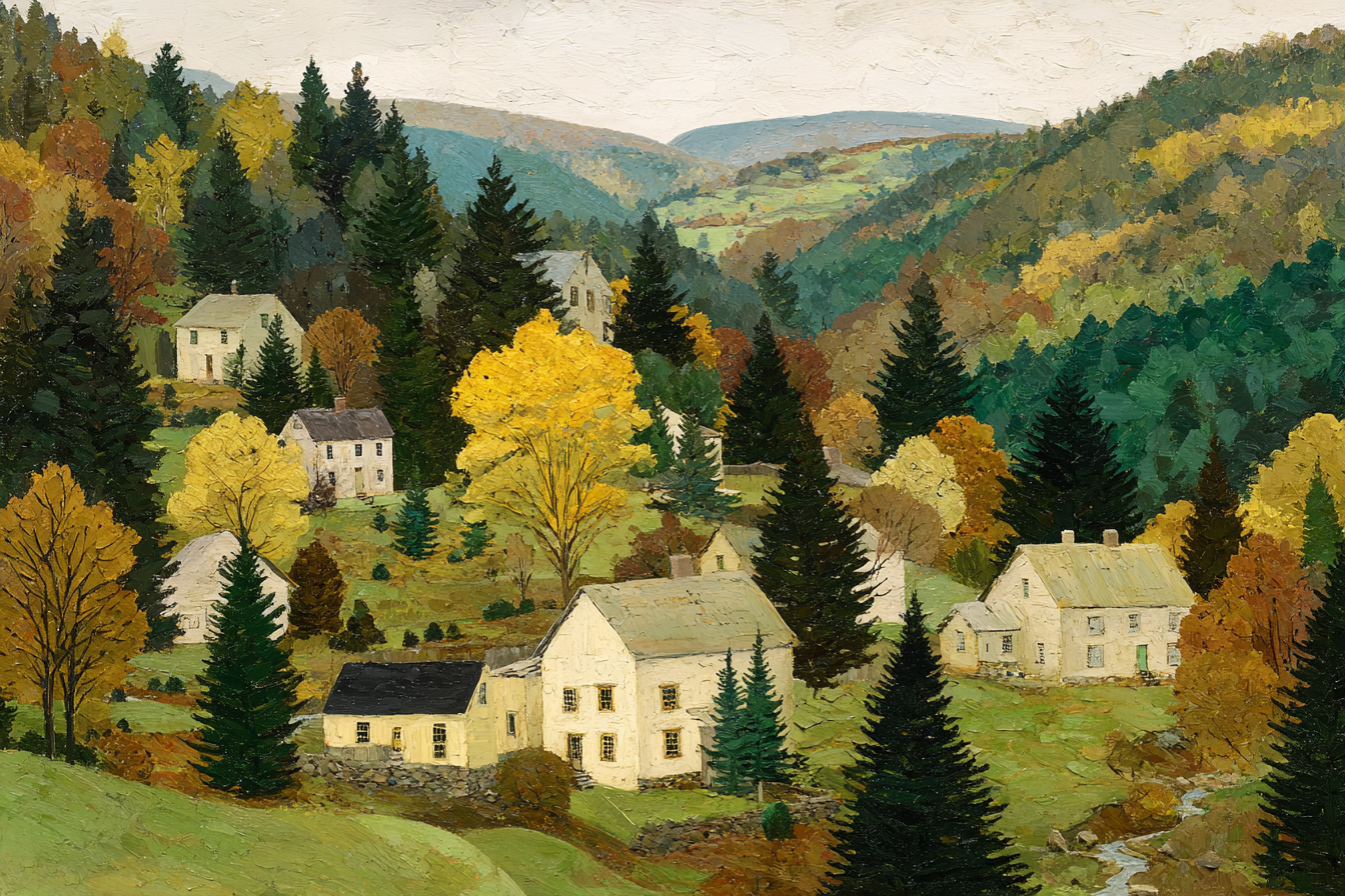 Herbstliche Landschaft Mit Häusern Und Bäumen Auf Hügeln | Erdtoene und Taupe | Farbenwelten