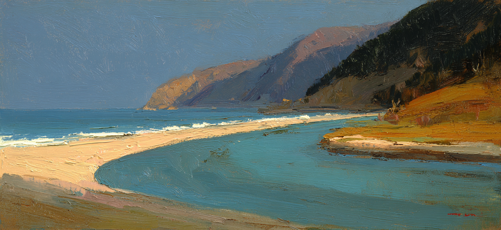Küstenlandschaft Mit Fluss Und Meer Impressionistische Malerei | Erdtoene und Taupe | Farbenwelten