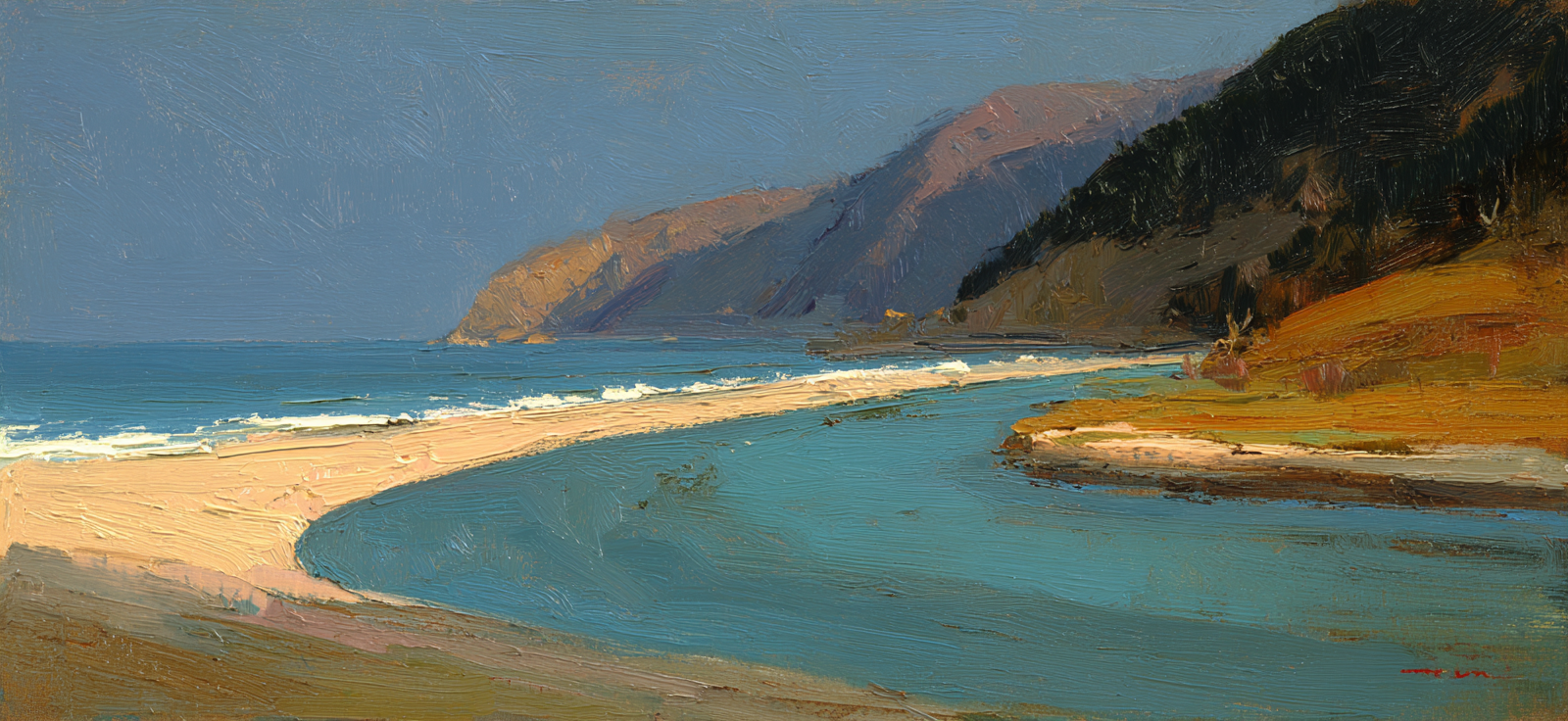 Küstenlandschaft Mit Fluss Und Meer Impressionistische Malerei | Erdtoene und Taupe | Farbenwelten