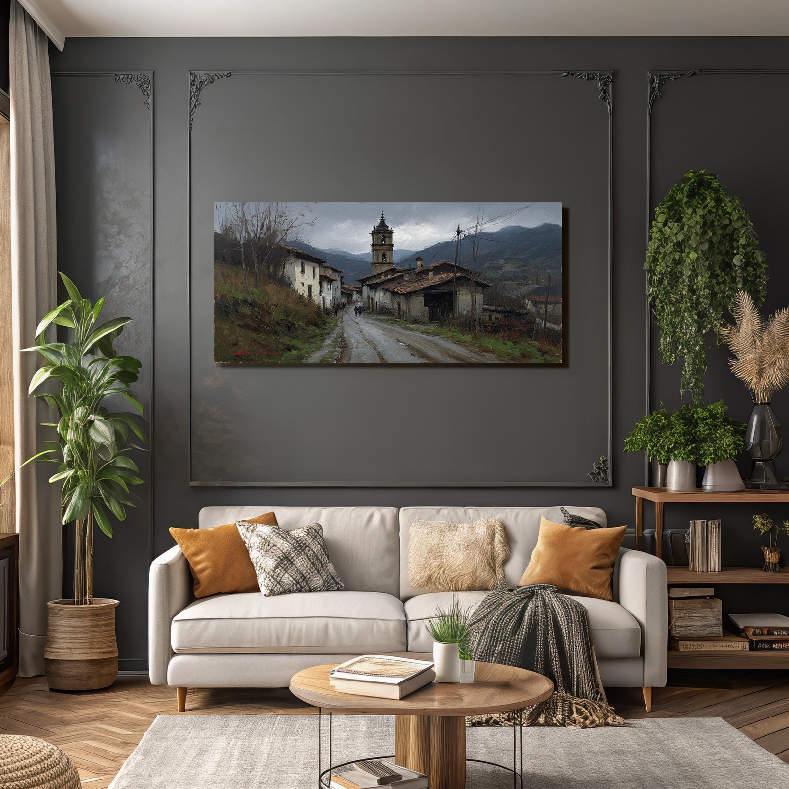 Malerei Von Einem Idyllischen Dorfszenario Mit Berglandschaft