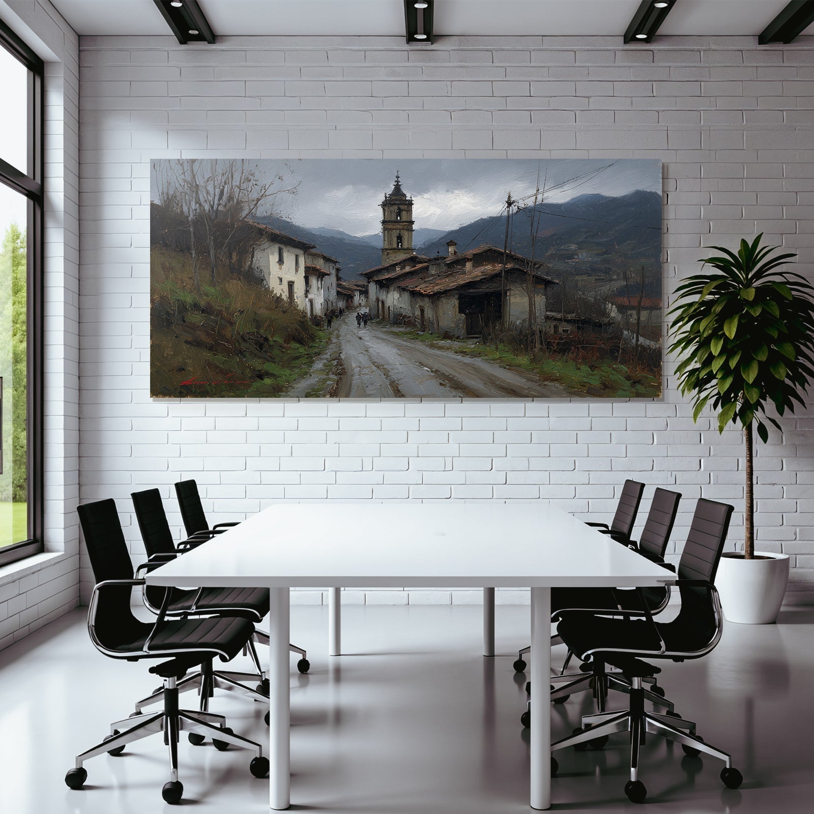 Malerei Von Einem Idyllischen Dorfszenario Mit Berglandschaft