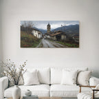 Malerei Von Einem Idyllischen Dorfszenario Mit Berglandschaft