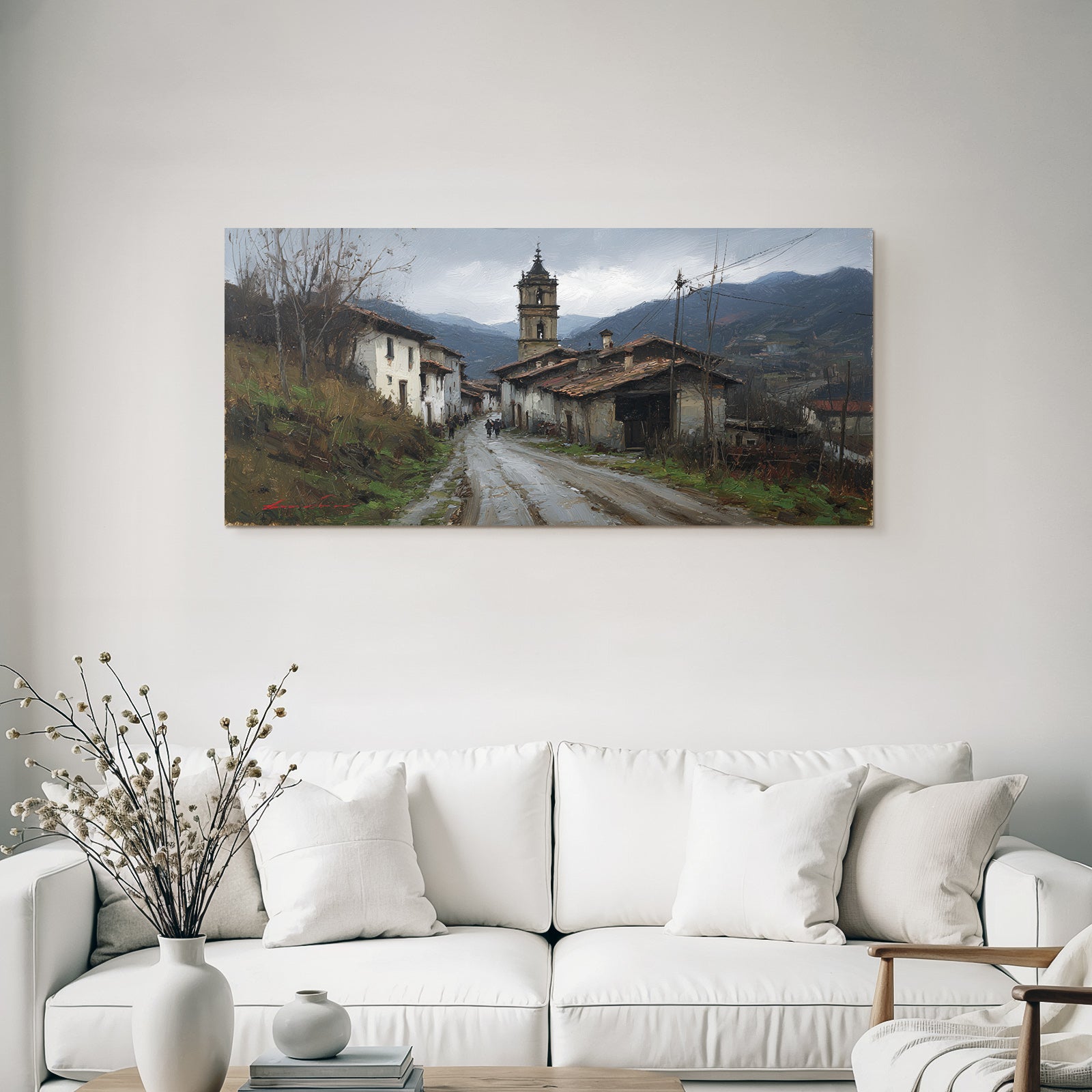 Malerei Von Einem Idyllischen Dorfszenario Mit Berglandschaft