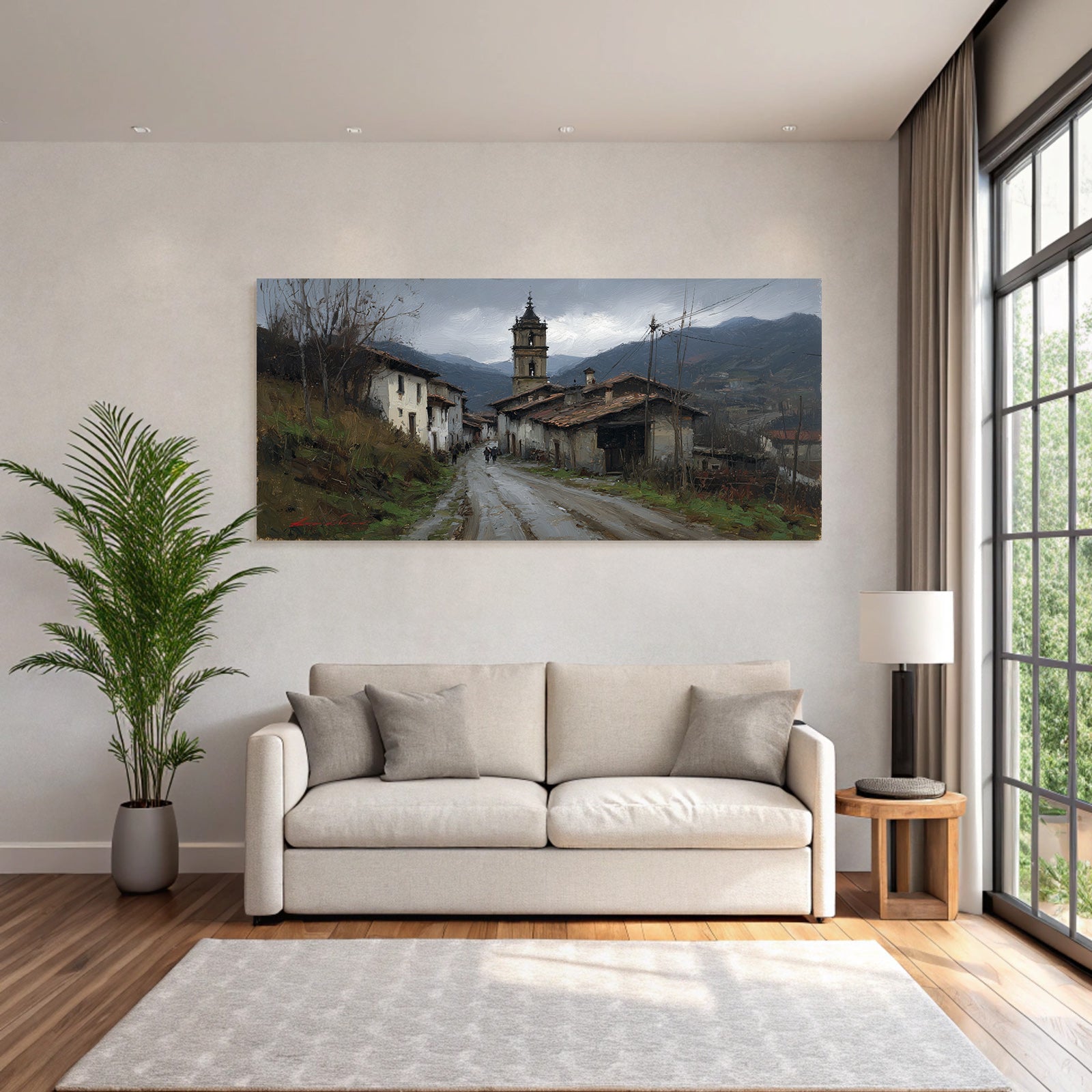 Malerei Von Einem Idyllischen Dorfszenario Mit Berglandschaft