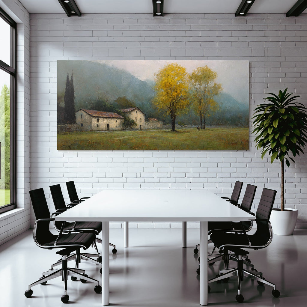 Ruhige Landschaft Im Herbst Mit Mistigen Hügeln Und Langsame Bauten