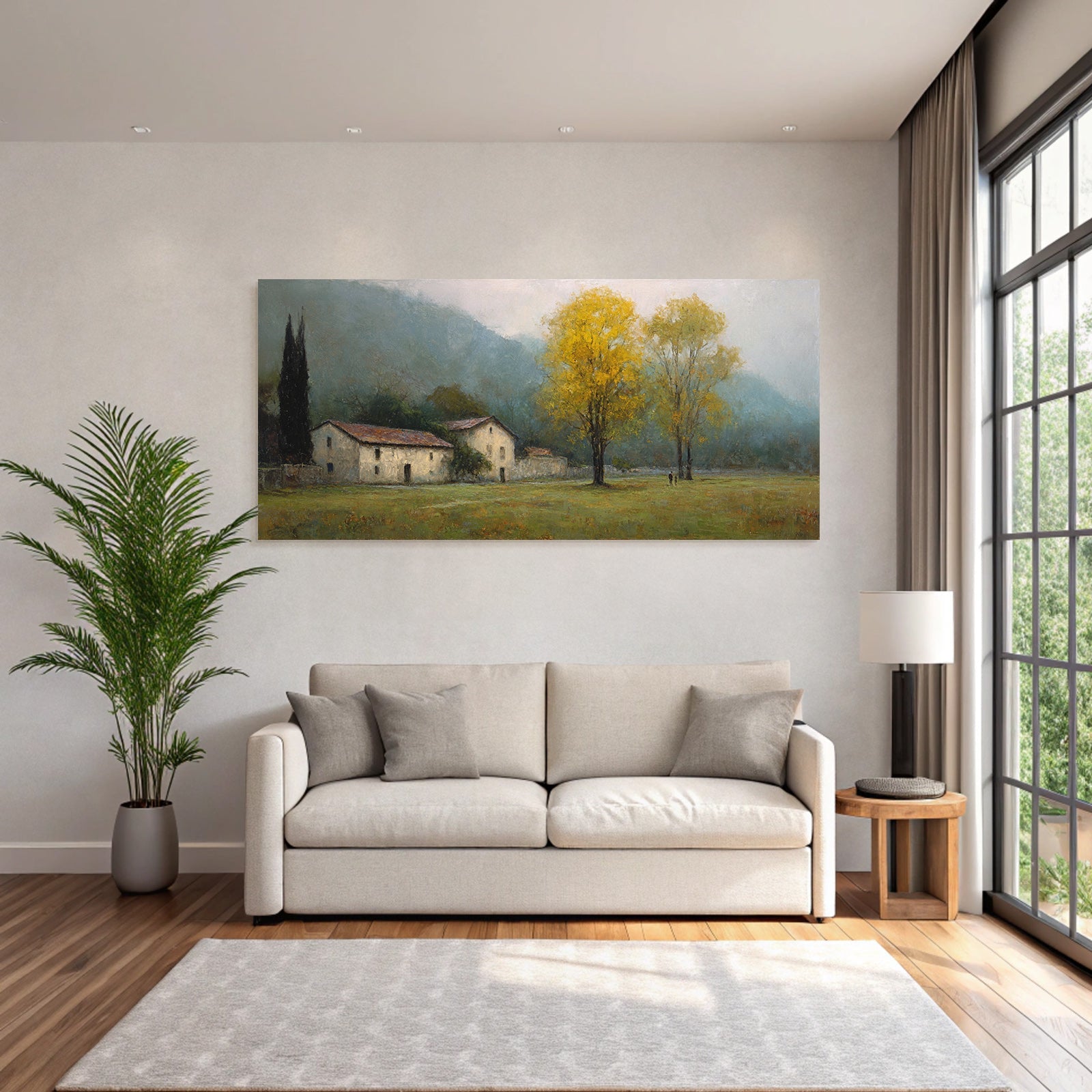 Ruhige Landschaft Im Herbst Mit Mistigen Hügeln Und Langsame Bauten