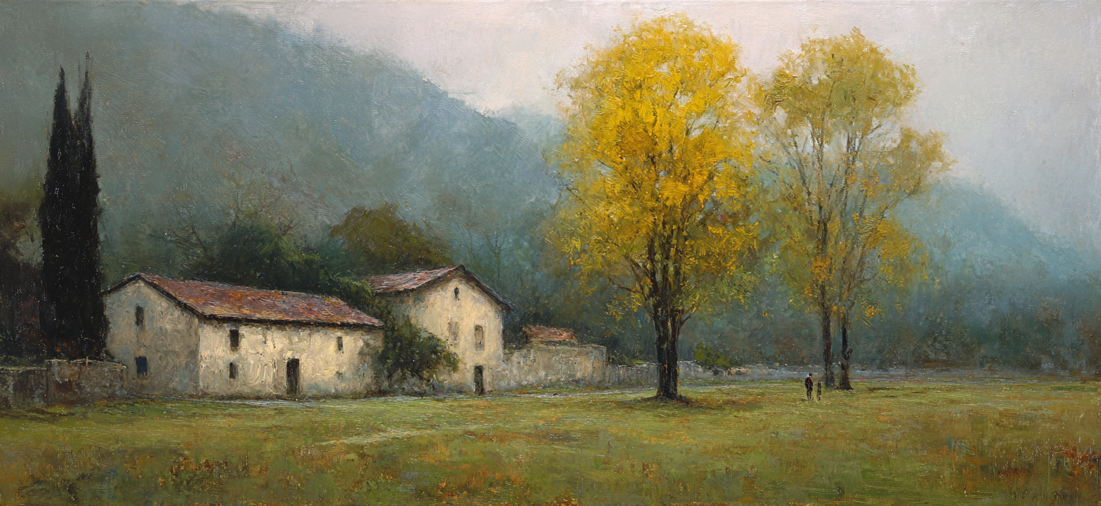 Ruhige Landschaft Im Herbst Mit Mistigen Hügeln Und Langsame Bauten | Erdtoene und Taupe | Farbenwelten