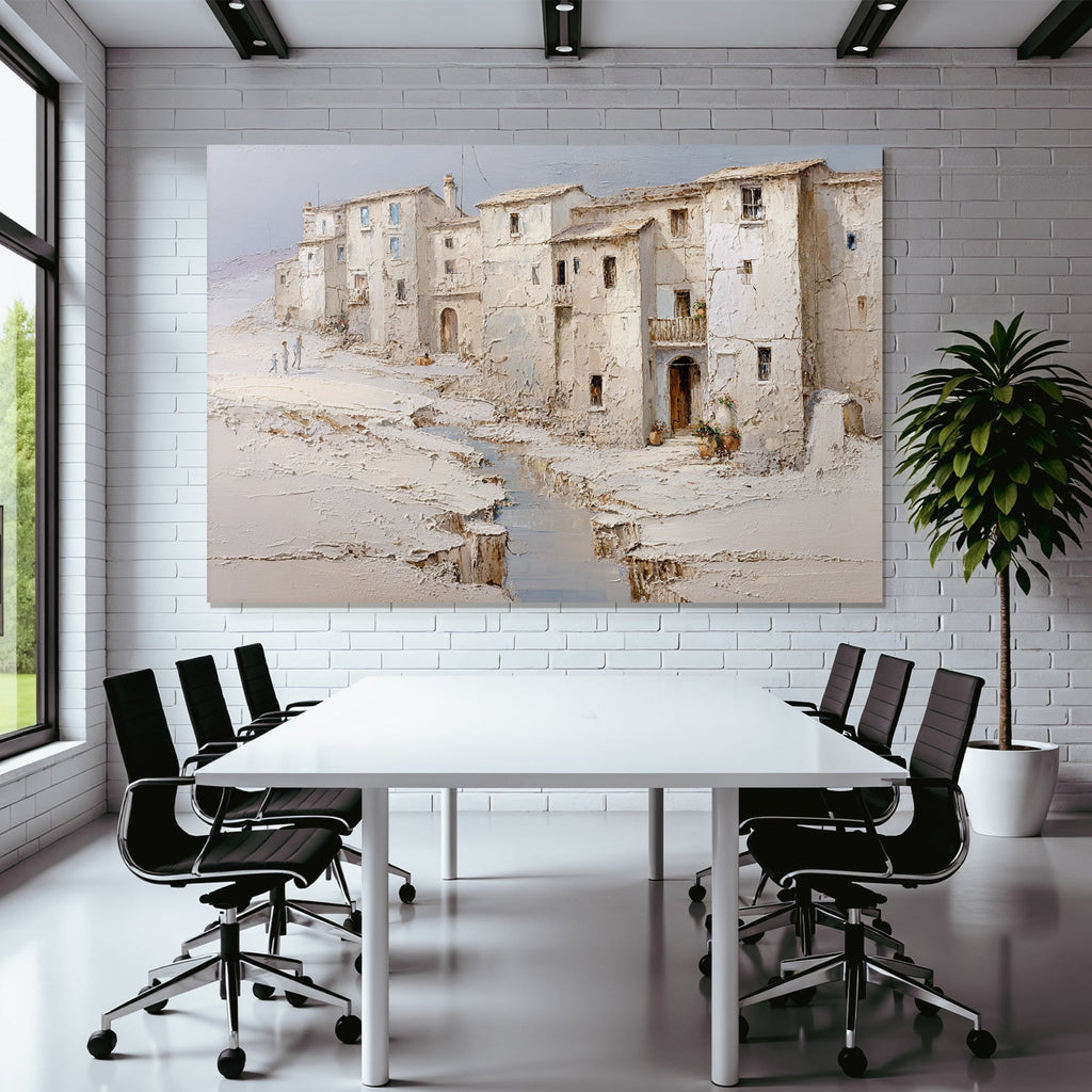 Ruhige Malerische Landschaft Mit Weissen Häusern Und Figuren Am Strom