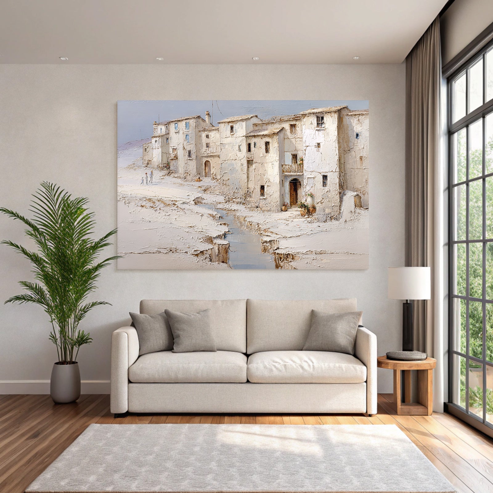 Ruhige Malerische Landschaft Mit Weissen Häusern Und Figuren Am Strom