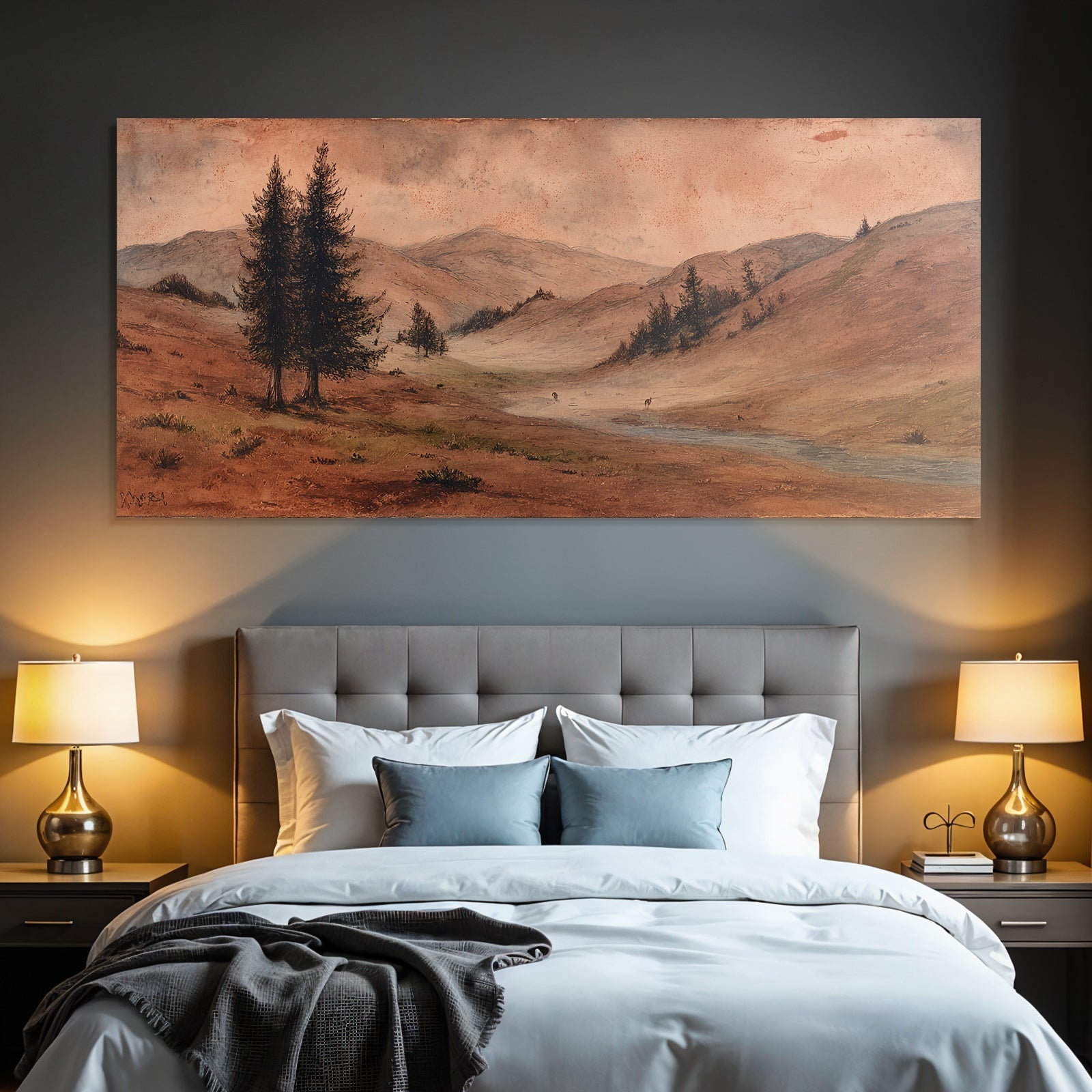 Sanfte Landschaft Mit Hügeln Stream Und Bäumen Dawn Dusk