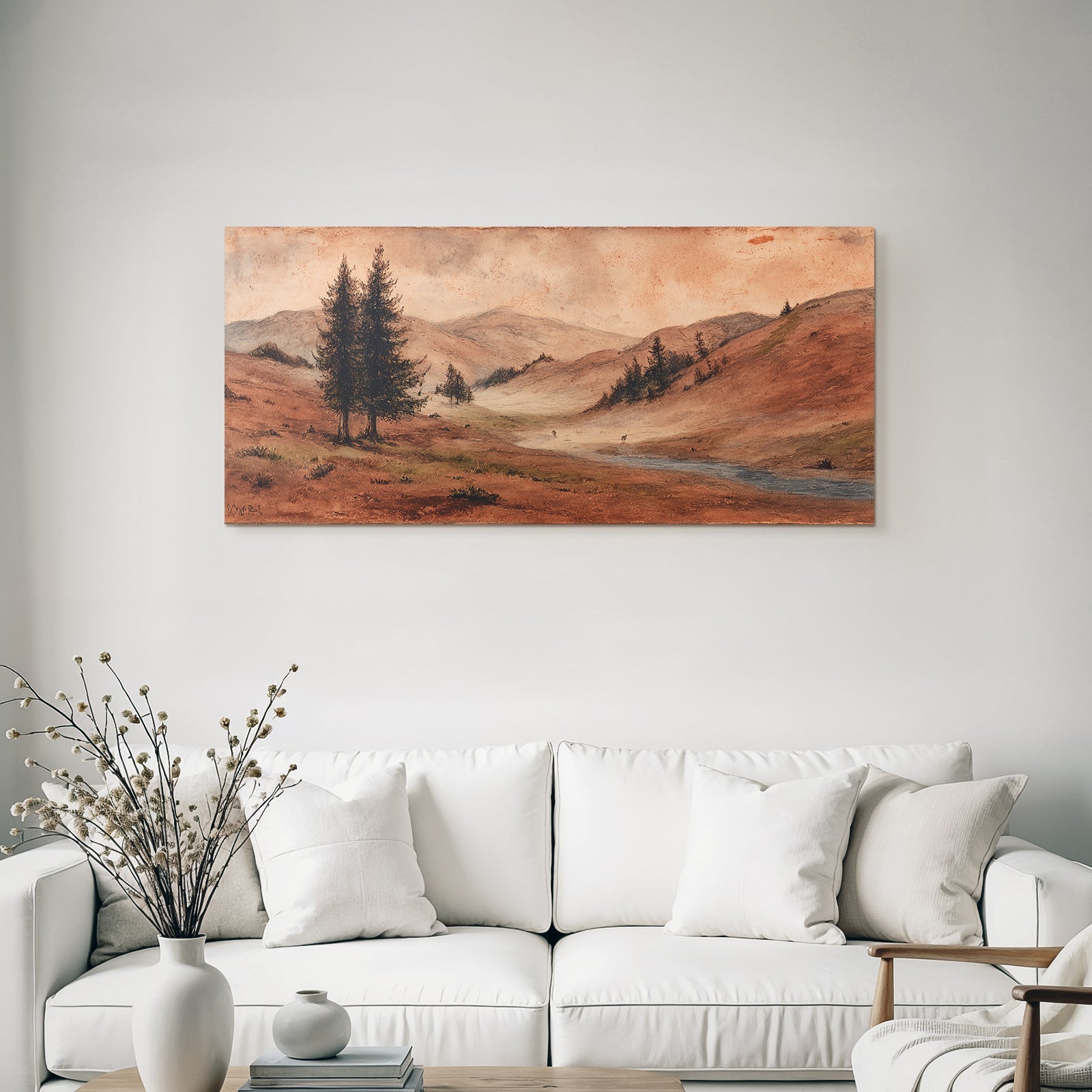 Sanfte Landschaft Mit Hügeln Stream Und Bäumen Dawn Dusk