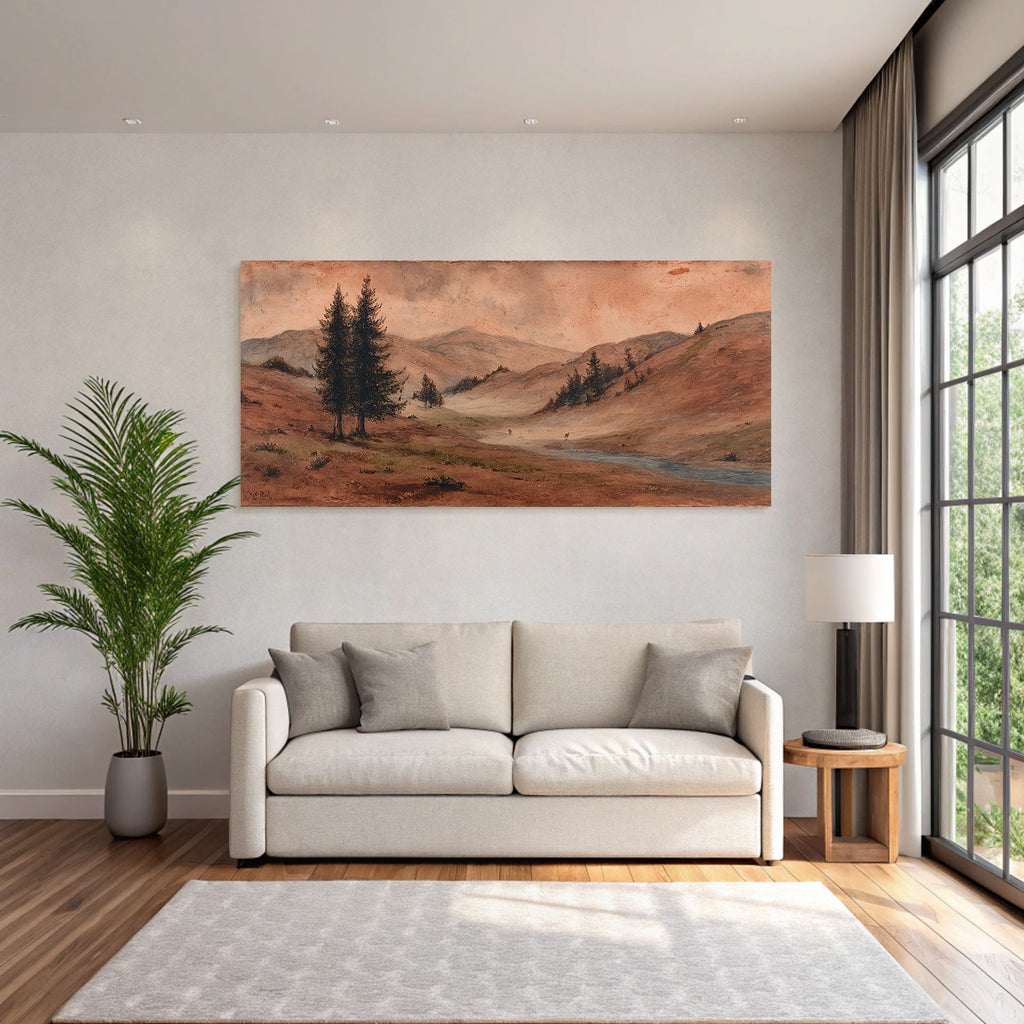 Sanfte Landschaft Mit Hügeln Stream Und Bäumen Dawn Dusk