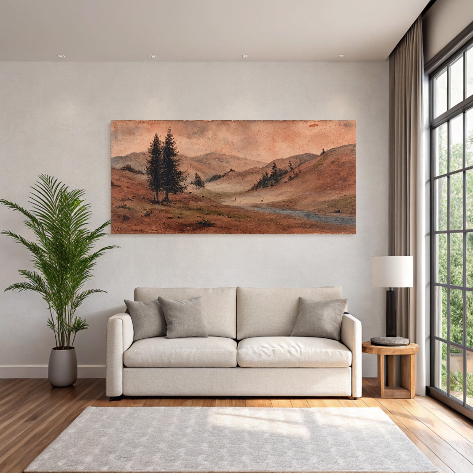 Sanfte Landschaft Mit Hügeln Stream Und Bäumen Dawn Dusk
