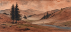 Sanfte Landschaft Mit Hügeln Stream Und Bäumen Dawn Dusk | Erdtoene und Taupe | Farbenwelten