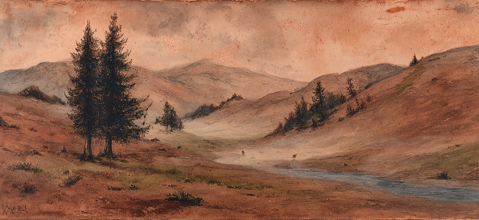Sanfte Landschaft Mit Hügeln Stream Und Bäumen Dawn Dusk | Erdtoene und Taupe | Farbenwelten
