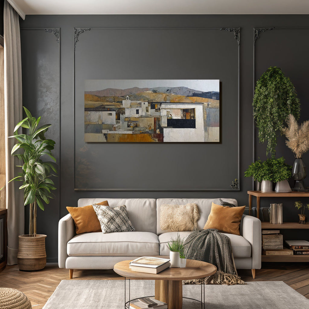 Stylisierte Landschaft Mit Architektur Erde Ton Abstrakt